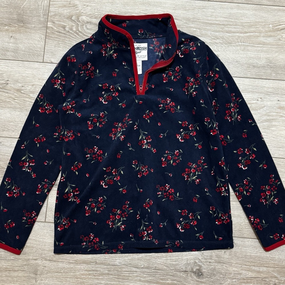 OshKosh B'gosh Girls 12 12A Floral Fleece Quarter Zip Pullover Navy Red Cozy